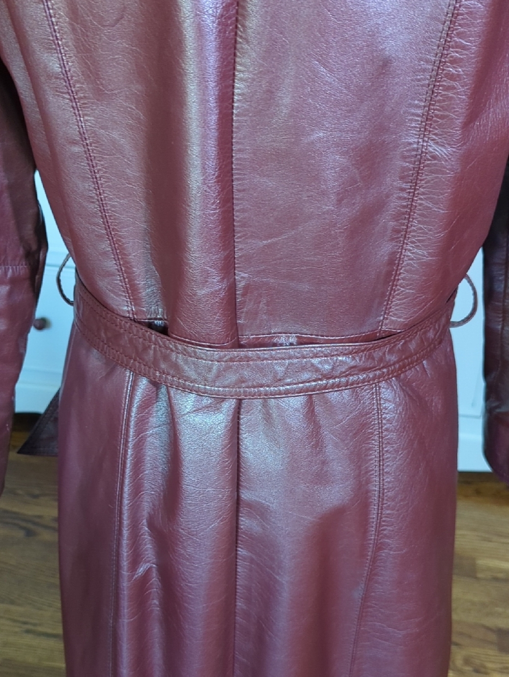 Vtg 70s Suburban Heritage Burgundy oxblood Leather Chic Trench Coat Tie Belt - Picture 7 of 14